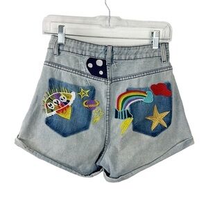 Romwe Denim Shorts Women's XS Blue Colorful Back Embroidered‎ Stretch